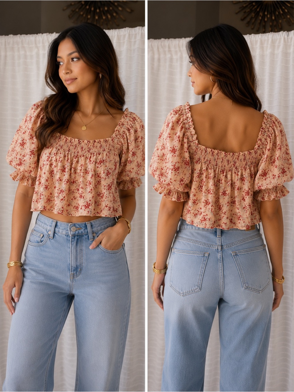 Altar'd State Peach Floral Smocked Crop Top
